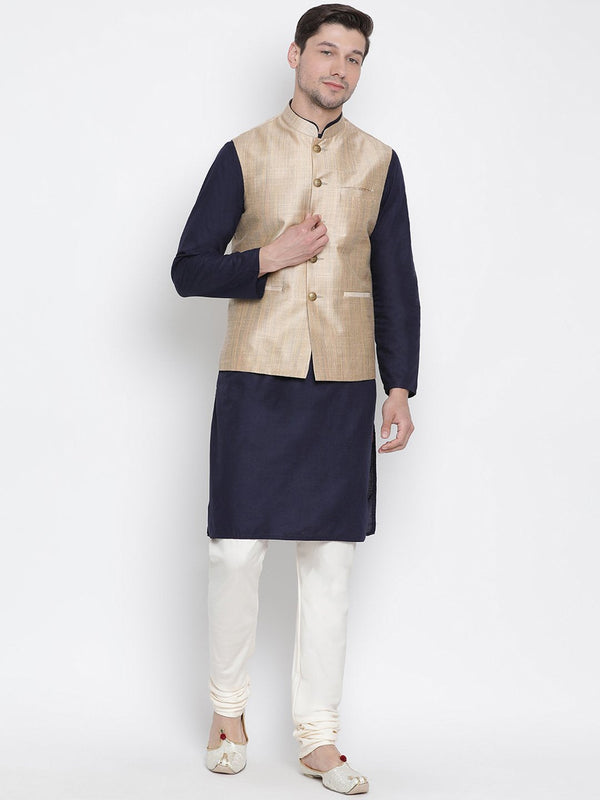 Jashvi Men's Dark Blue Cotton Blend Kurta, Ethnic Jacket and Pyjama Set