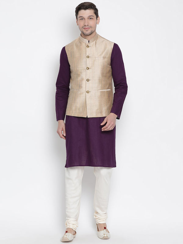 Men's Purple Cotton Blend Kurta, Ethnic Jacket and Pyjama Set - Vastramay