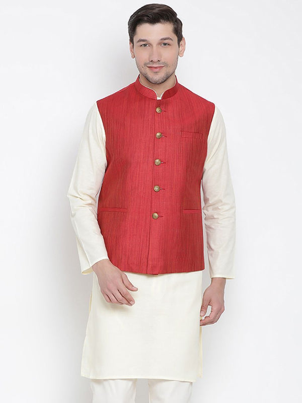 Men's Maroon Cotton Blend Ethnic Jacket - Vastramay