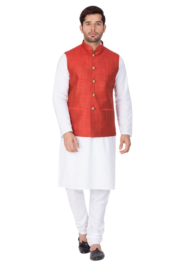 Men's White Cotton Blend Kurta, Ethnic Jacket and Pyjama Set - Vastramay