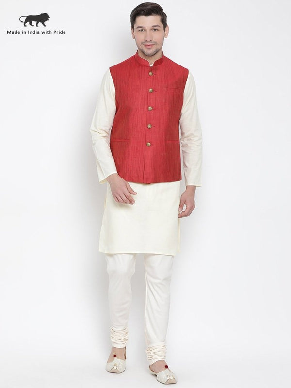 Men's Beige Cotton Blend Kurta, Ethnic Jacket and Pyjama Set - Vastramay