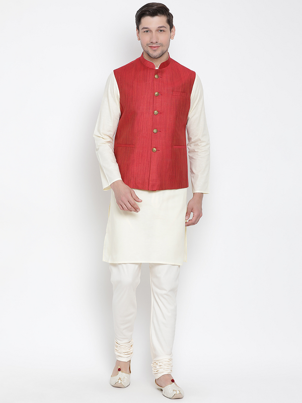 Jashvi Men's Beige Cotton Blend Kurta, Ethnic Jacket and Pyjama Set