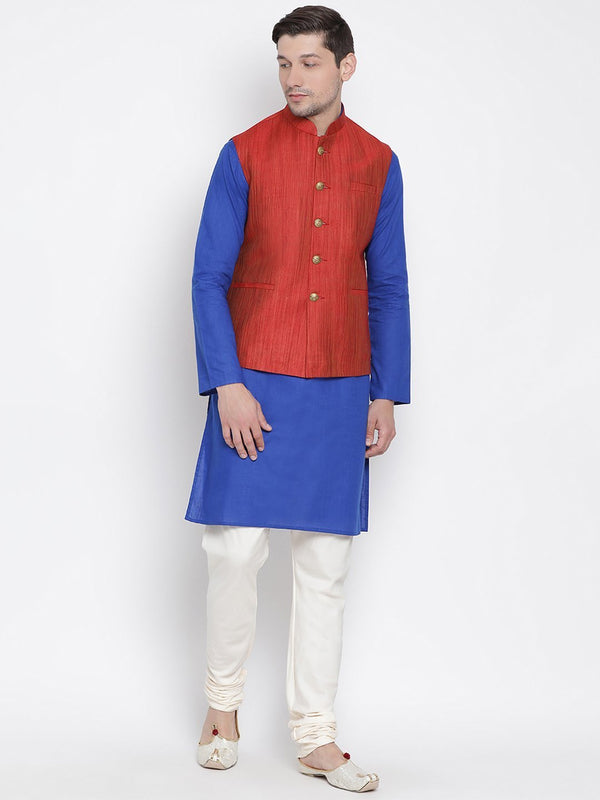 Men's Blue Cotton Blend Kurta, Ethnic Jacket and Pyjama Set - Vastramay