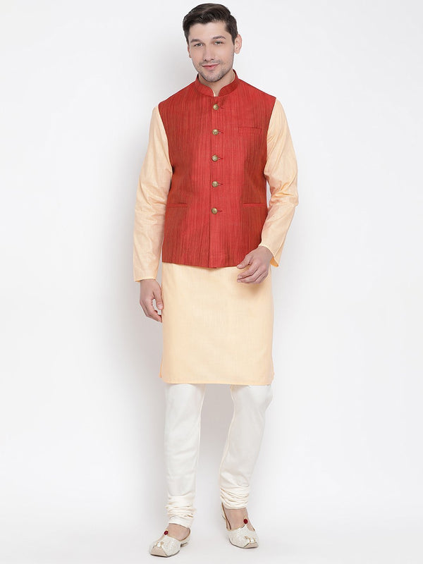 Men's Orange Cotton Blend Kurta, Ethnic Jacket and Pyjama Set - Vastramay