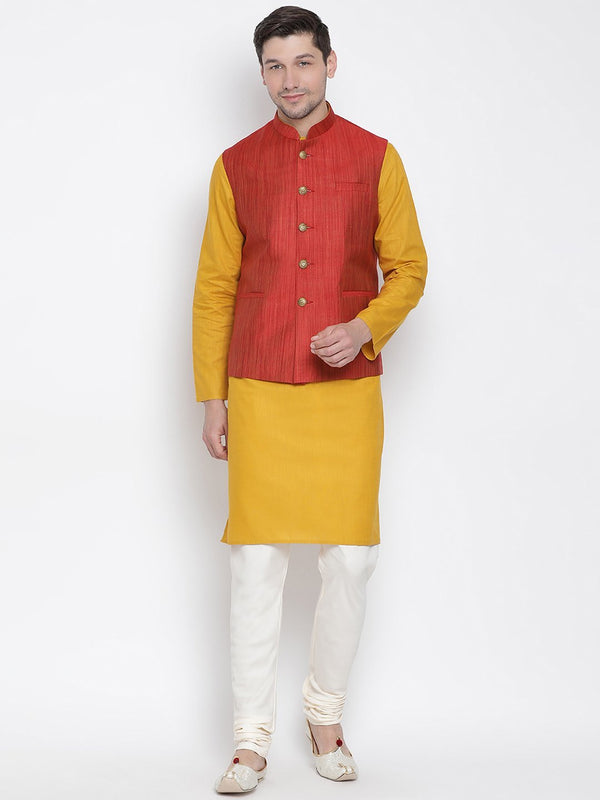 Men's Yellow Cotton Blend Kurta, Ethnic Jacket and Pyjama Set - Vastramay