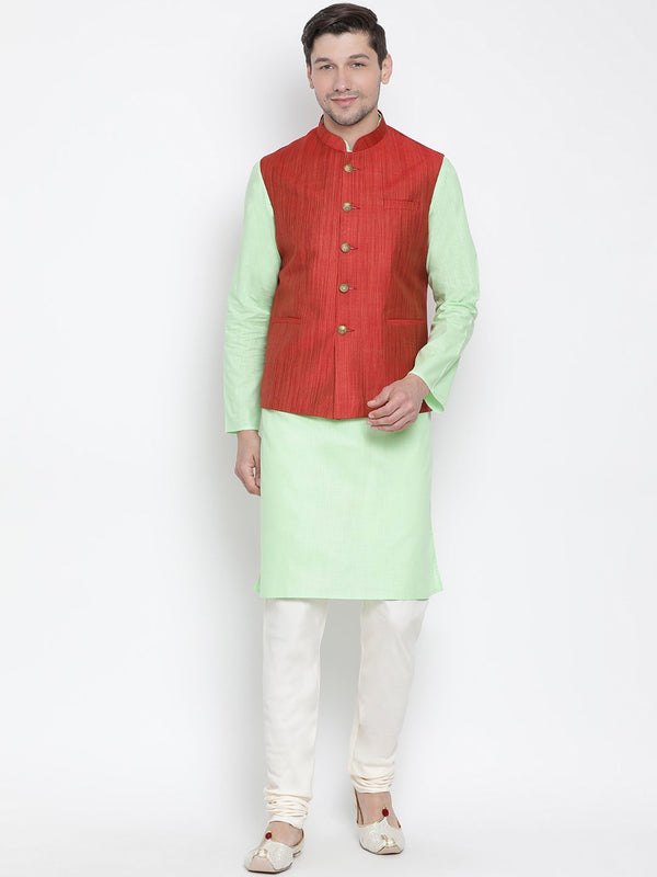 Men's Light Green Cotton Blend Kurta, Ethnic Jacket and Pyjama Set - Vastramay