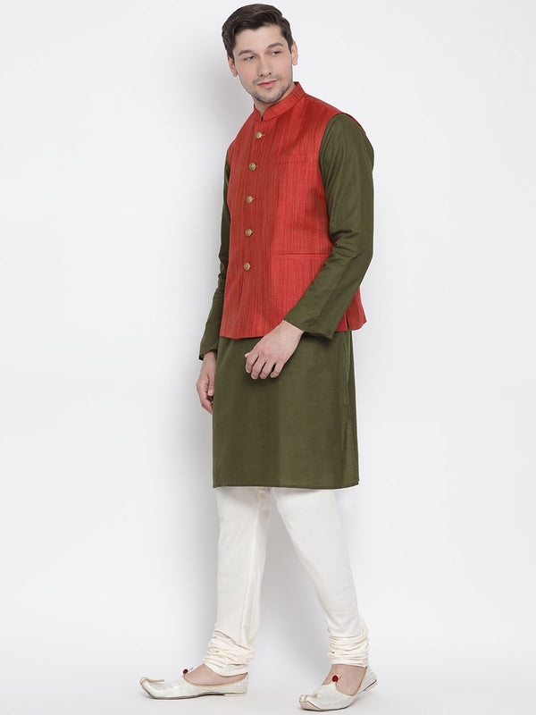 Men's Green Cotton Blend Kurta, Ethnic Jacket and Pyjama Set - Vastramay