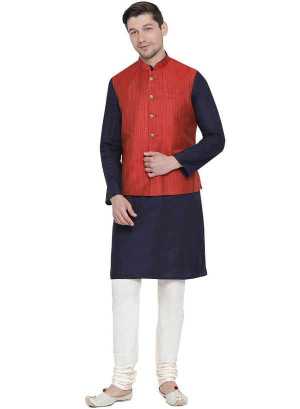 Men's Dark Blue Cotton Blend Kurta, Ethnic Jacket and Pyjama Set - Vastramay