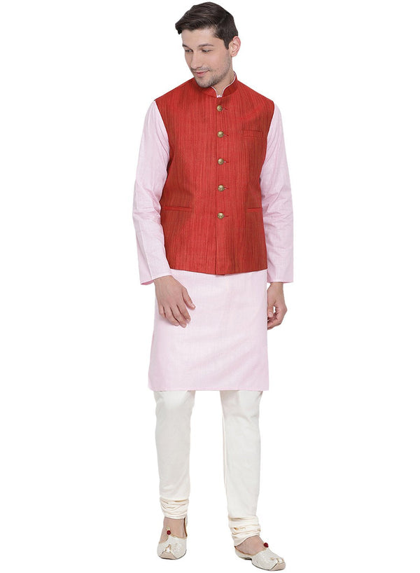 Jashvi Men's Pink Cotton Blend Kurta, Ethnic Jacket and Pyjama Set