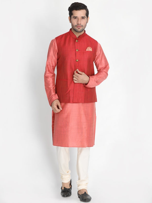 Men's Pink Cotton Blend Kurta, Ethnic Jacket and Pyjama Set - Vastramay