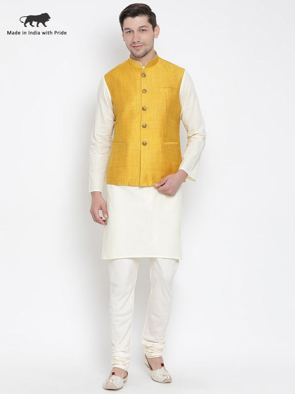 Jashvi Men's Beige Cotton Blend Kurta, Ethnic Jacket and Pyjama Set