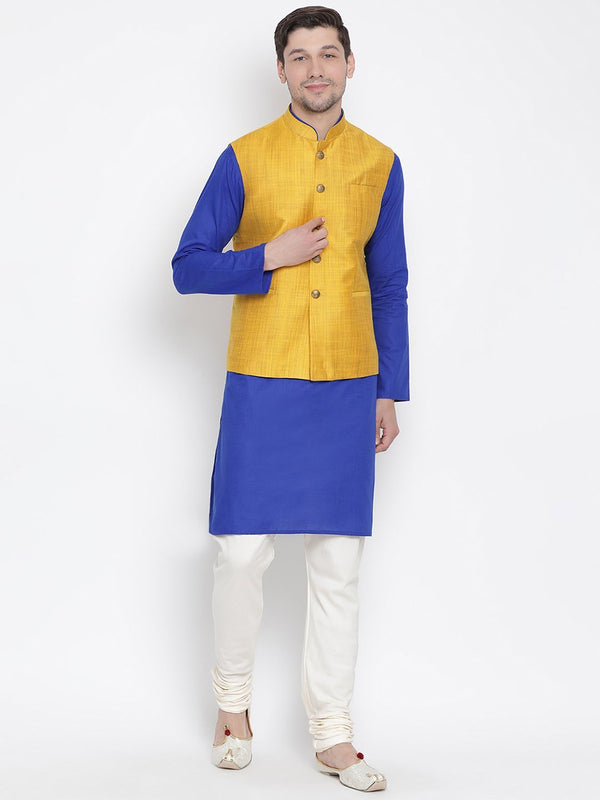 Jashvi Men's Blue Cotton Blend Kurta, Ethnic Jacket and Pyjama Set