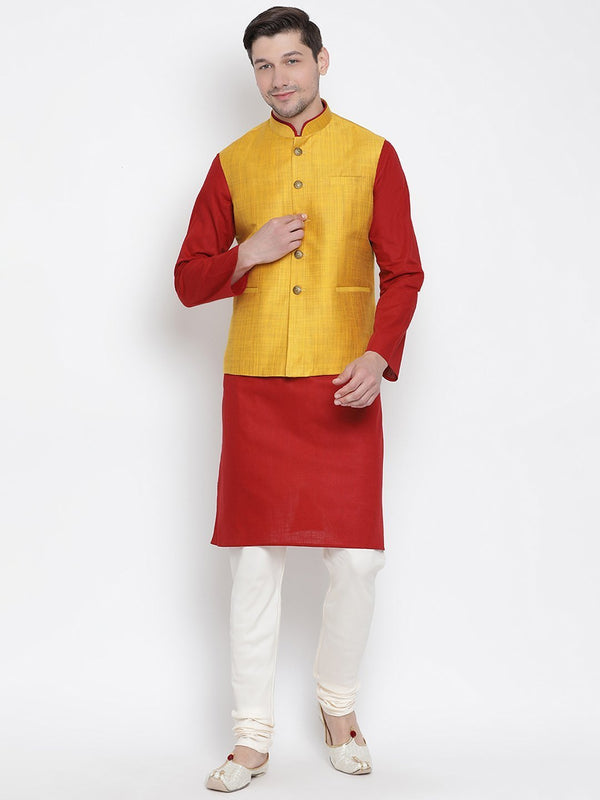 Men's Maroon Cotton Blend Kurta, Ethnic Jacket and Pyjama Set - Vastramay