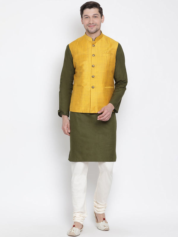 Men's Green Cotton Blend Kurta, Ethnic Jacket and Pyjama Set - Vastramay