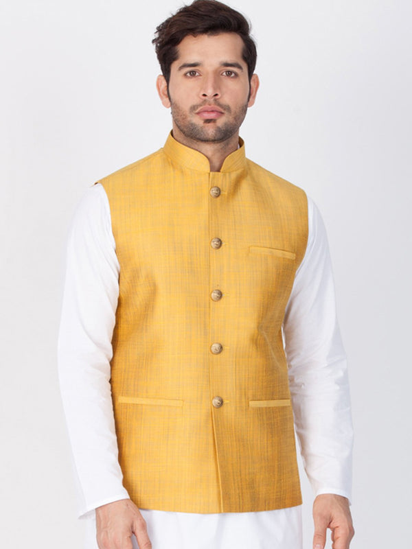 Men's Gold Cotton Blend Ethnic Jacket - Vastramay