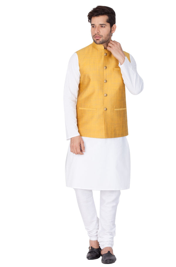 Men's White Cotton Blend Kurta, Ethnic Jacket and Pyjama Set - Vastramay