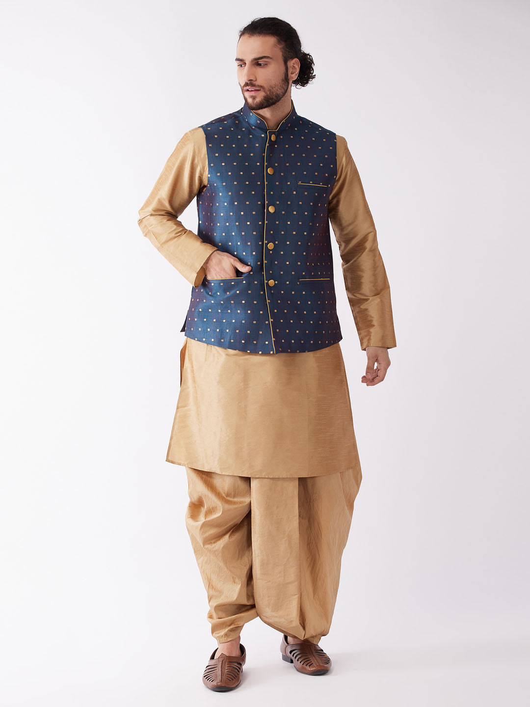 Men's Rose Gold And Blue Silk Blend Jacket, Kurta And Dhoti Set - Vastramay