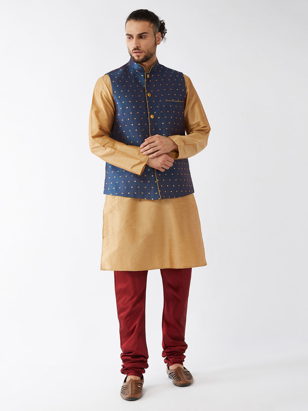 Men's Rose Gold, Blue And Maroon Silk Blend Jacket, Kurta And Pyjama Set - Vastramay