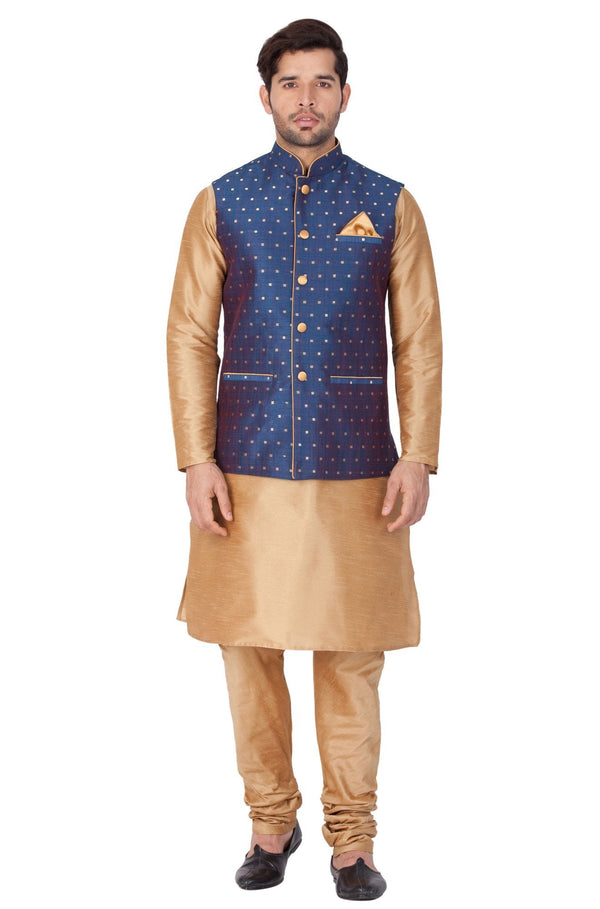 Men's Gold Cotton Silk Blend Kurta, Ethnic Jacket and Pyjama Set - Vastramay