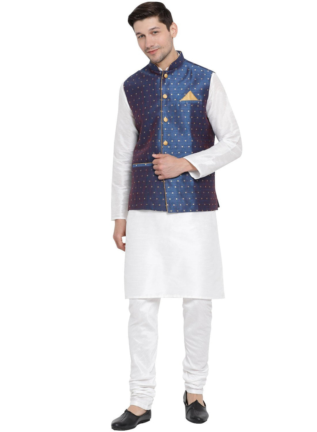 Men's White Cotton Silk Blend Kurta, Ethnic Jacket and Pyjama Set