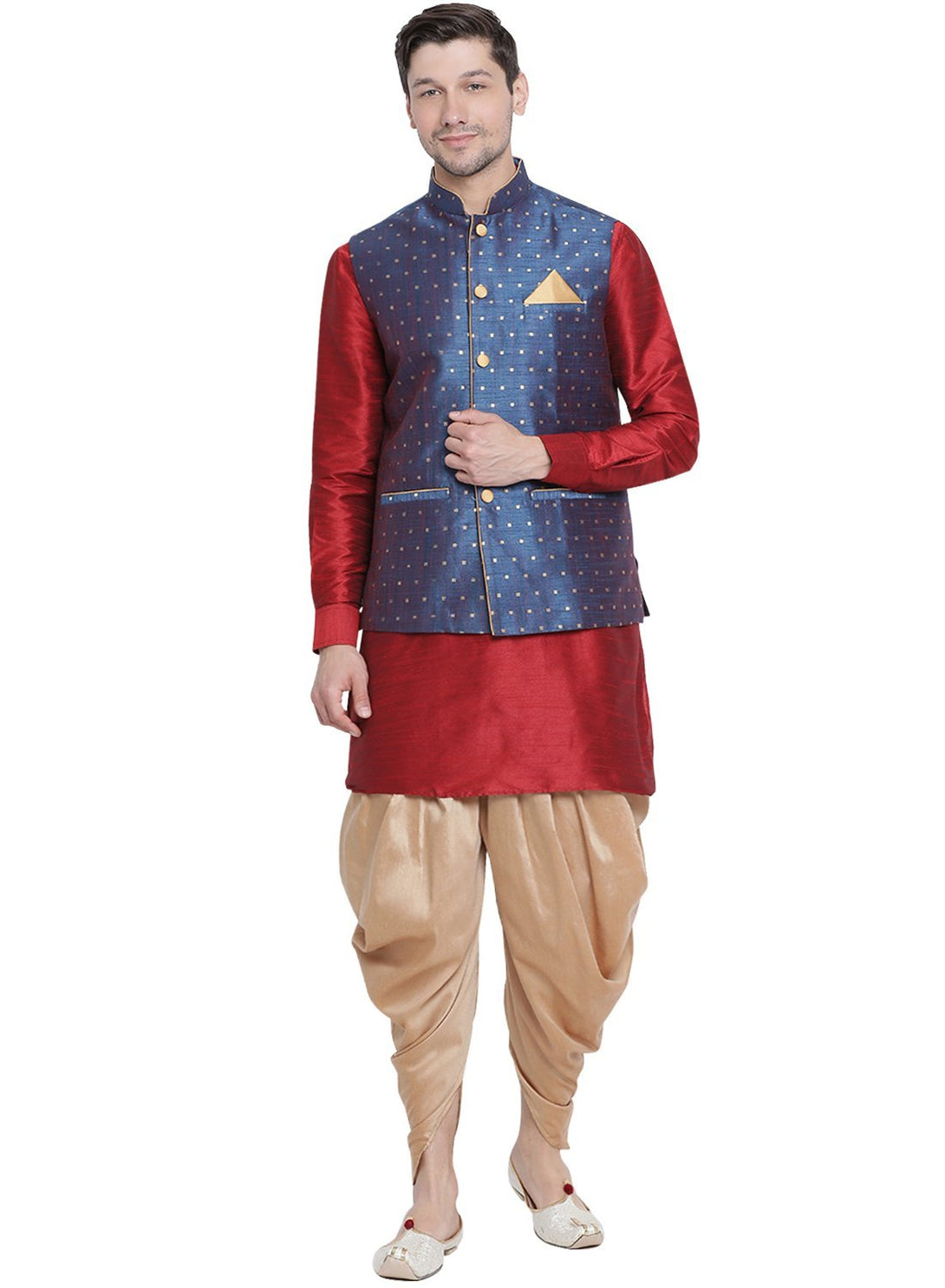 Men's Maroon Cotton Silk Blend Ethnic Jacket, Kurta and Dhoti Pant Set