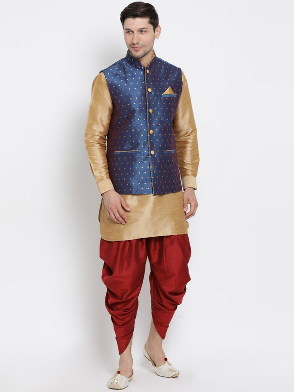 Men's Gold Cotton Silk Blend Ethnic Jacket, Kurta and Dhoti Pant Set - Vastramay