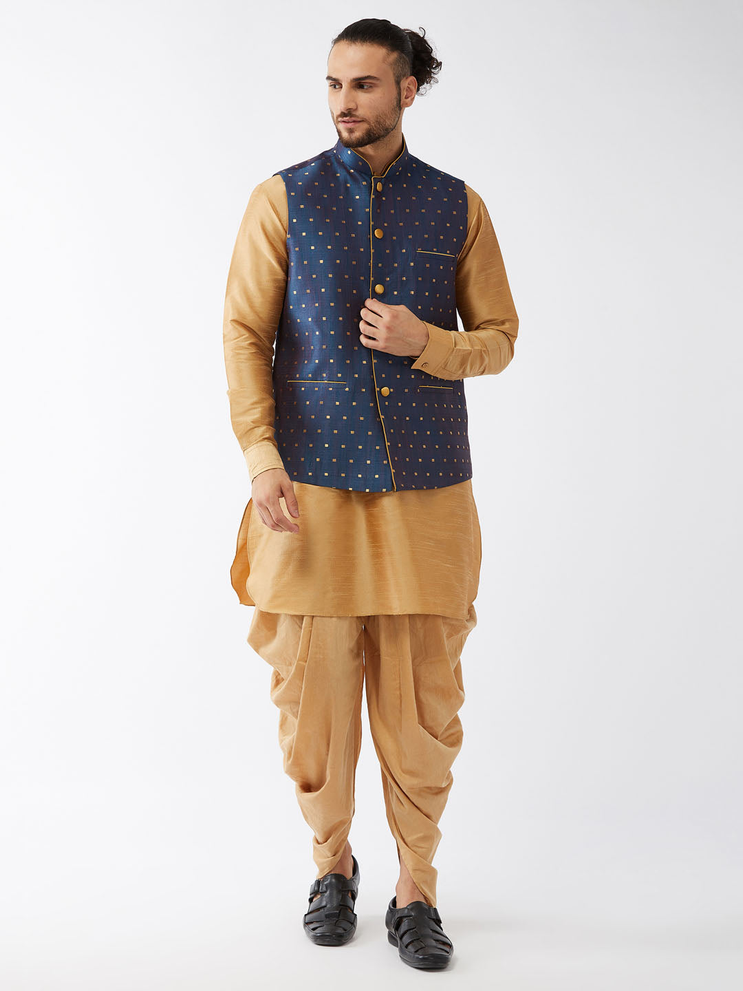 Men's Rose Gold And Blue Silk Blend Jacket, Kurta And Dhoti Set - Vastramay