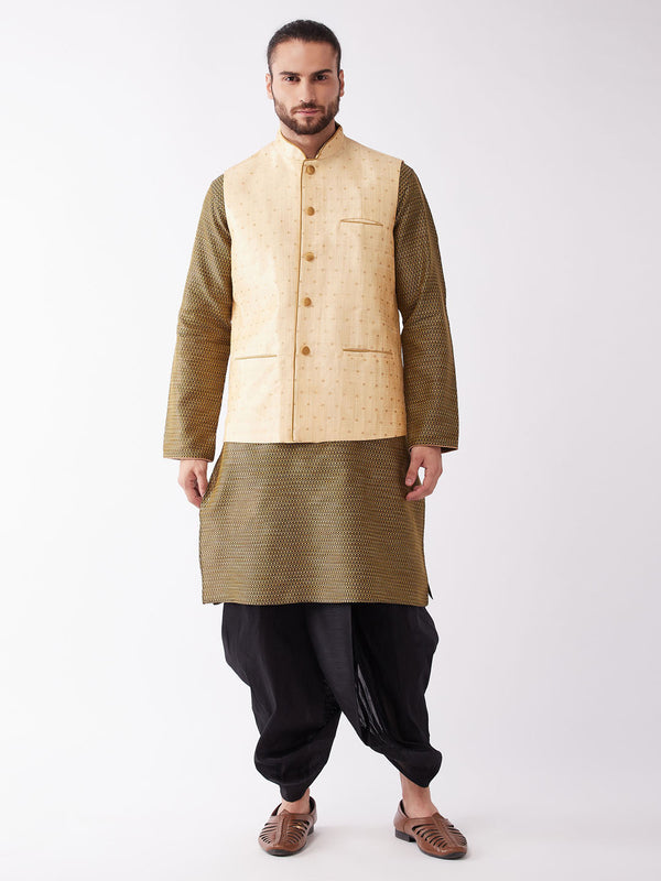 Jashvi Men's Gold Zari Weaved Jacket With Kurta Dhoti Set