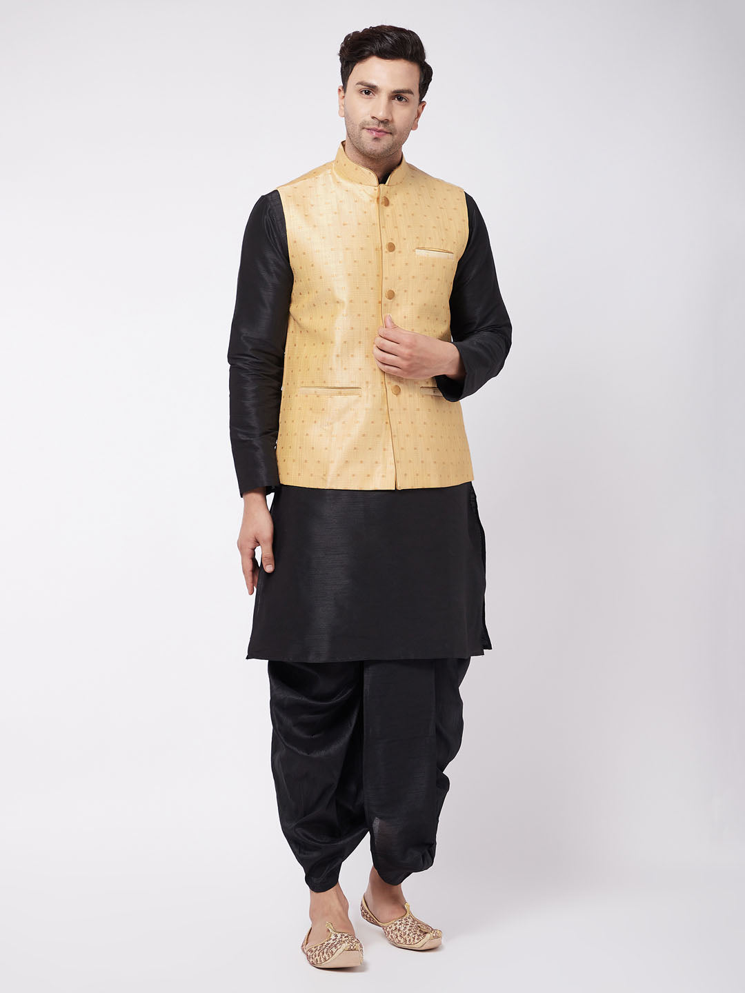 Men's Gold And Black Silk Blend Jacket, Kurta And Dhoti Set - Vastramay