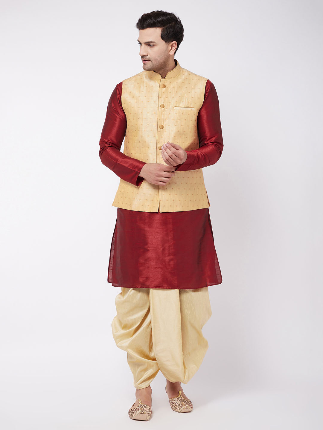 Men's Maroon And Gold Silk Blend Jacket, Kurta And Dhoti Set - Vastramay