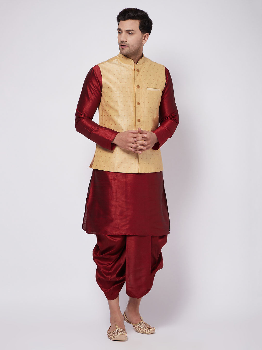 Men's Gold And Maroon Silk Blend Jacket, Kurta And Dhoti Set - Vastramay