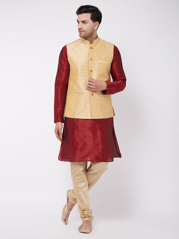 Jashvi Men's Gold Zari Weaved Jacket With Kurta Pyjama Set