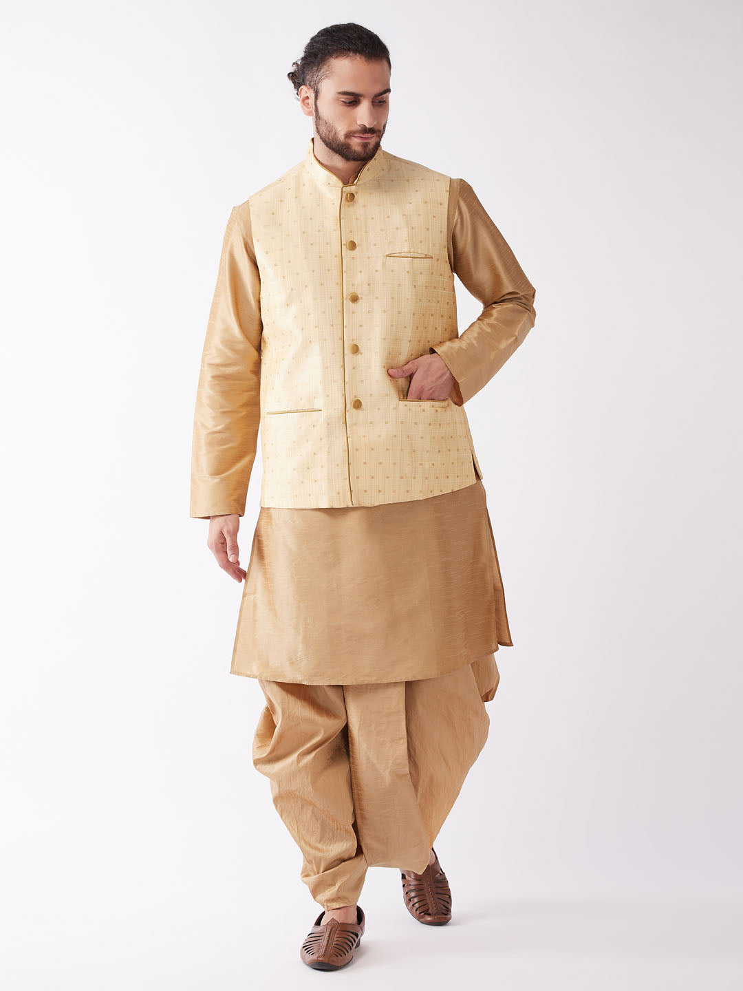 Men's Rose Gold Silk Blend Jacket, Kurta And Dhoti Set - Vastramay