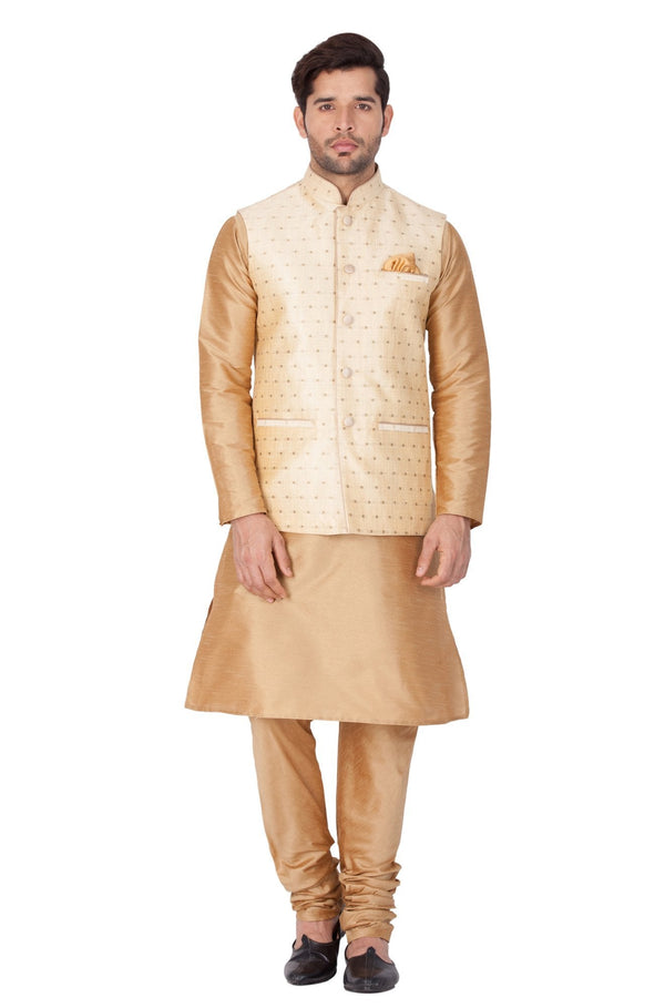 Men's Gold Cotton Silk Blend Kurta, Ethnic Jacket and Pyjama Set - Vastramay