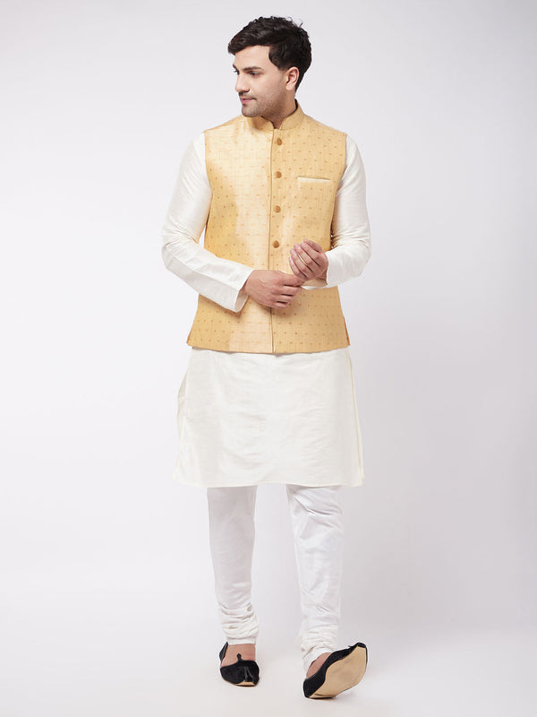 Jashvi Men's Gold Zari Weaved Jacket With Kurta Pyjama Set