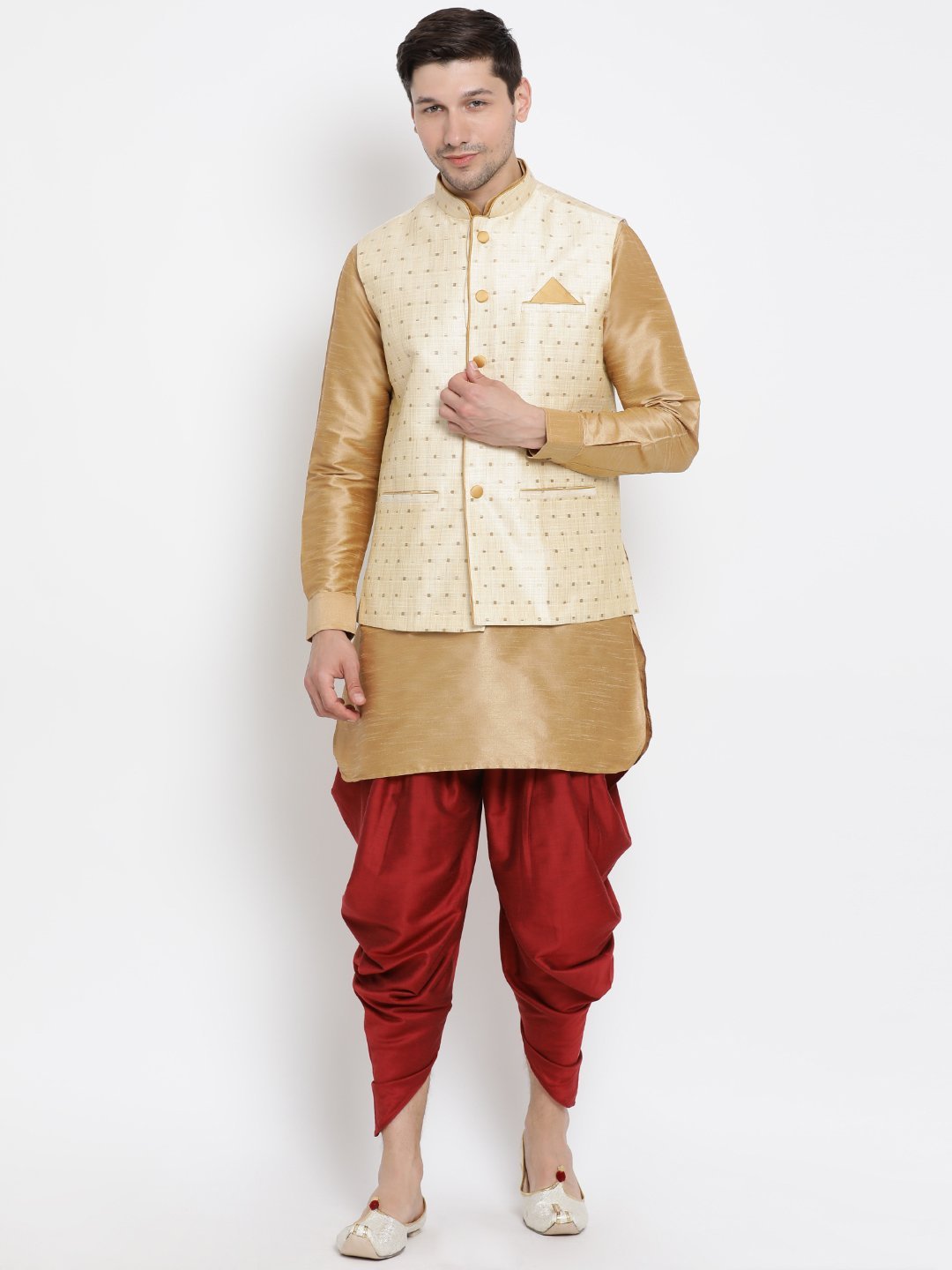 Men's Gold Cotton Silk Blend Ethnic Jacket, Kurta and Dhoti Pant Set