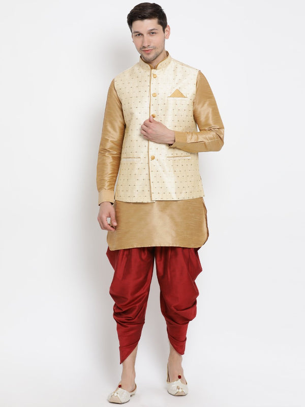 Men's Gold Cotton Silk Blend Ethnic Jacket, Kurta and Dhoti Pant Set