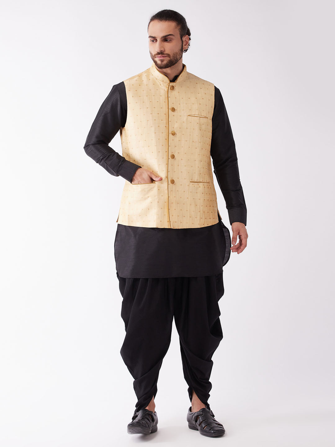 Men's Black And Gold Silk Blend Jacket, Kurta And Dhoti Set - Vastramay