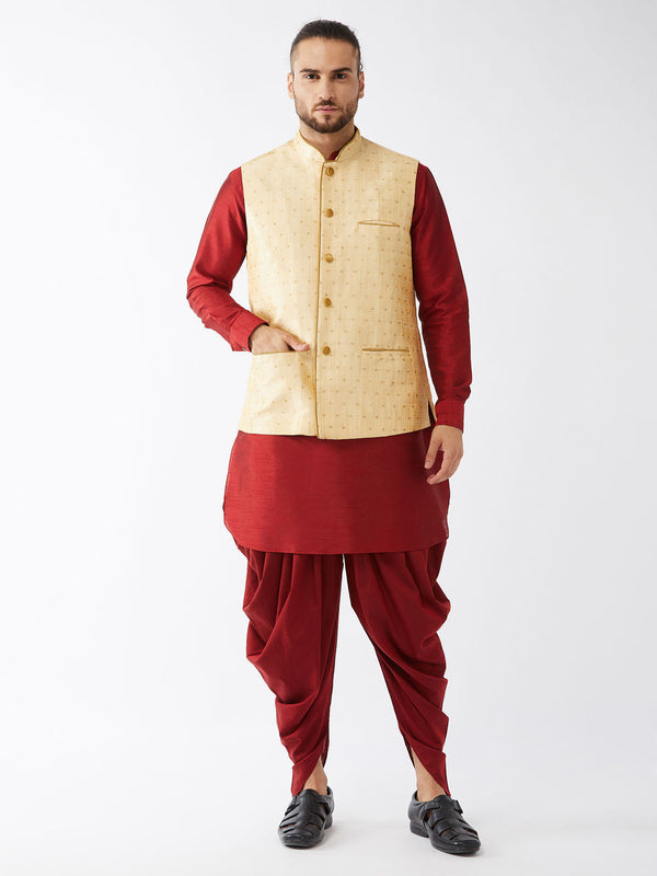 Jashvi Men's Gold Zari Weaved Jacket With Kurta Dhoti Set