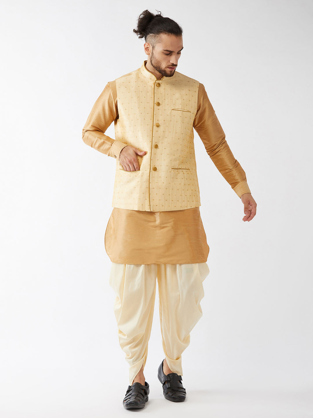 Men's Rose Gold And Gold Silk Blend Jacket, Kurta And Dhoti Set - Vastramay