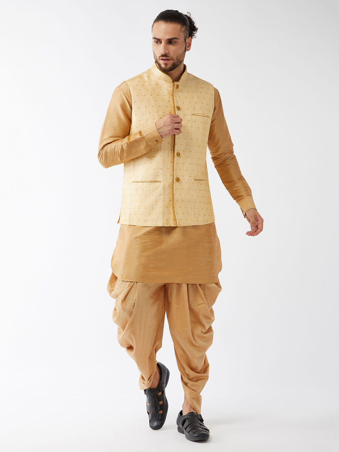 Men's Rose Gold And Gold Silk Blend Jacket, Kurta And Dhoti Set - Vastramay