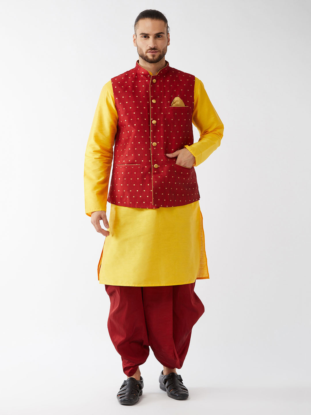 Men's Yellow And Maroon Silk Blend Jacket, Kurta And Dhoti Set - Vastramay