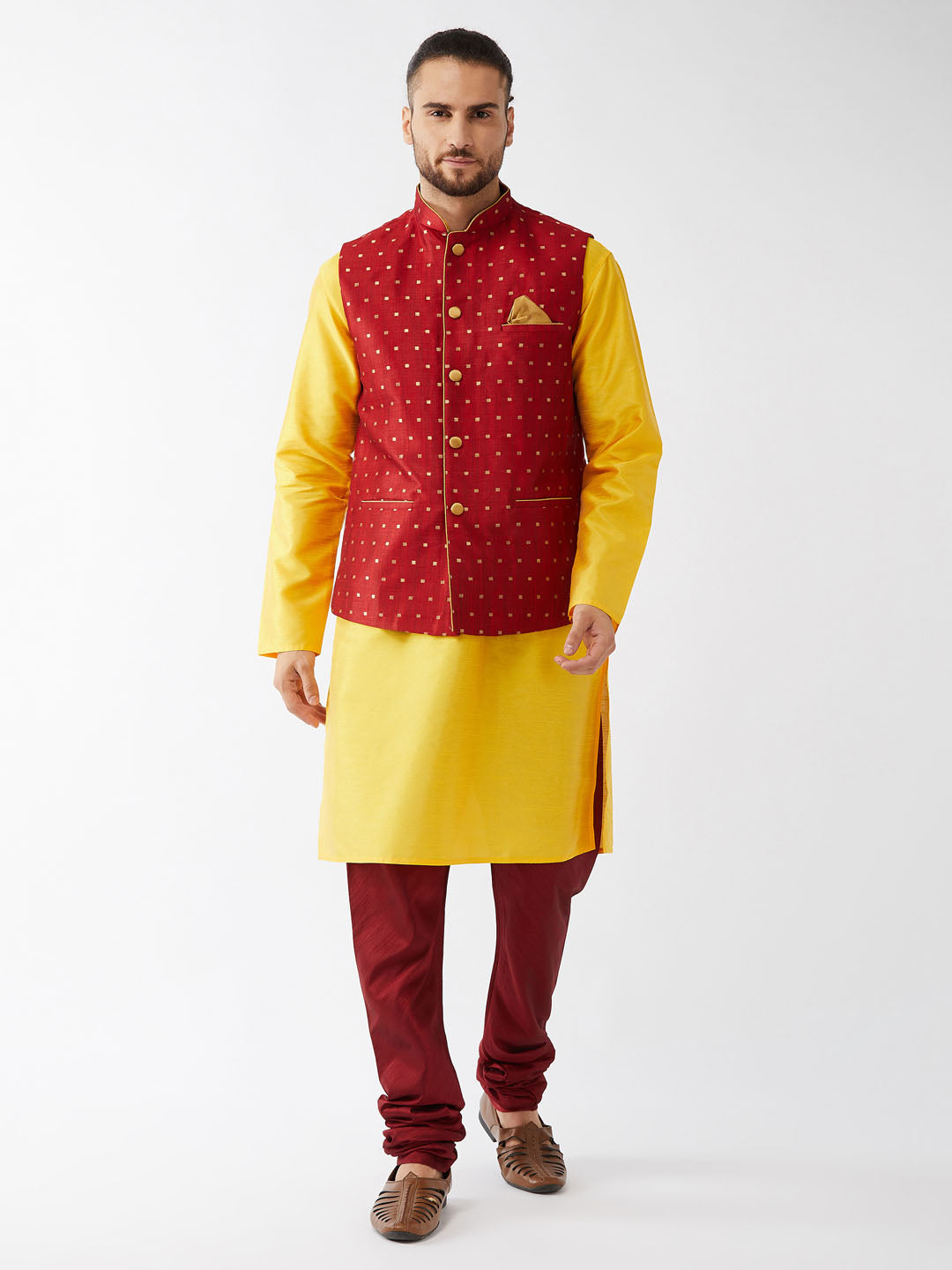 Men's Yellow And Maroon Silk Blend Jacket, Kurta And Pyjama Set - Vastramay