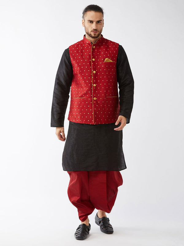 Jashvi Men's Maroon Zari Weaved Jacket With Kurta Dhoti Set