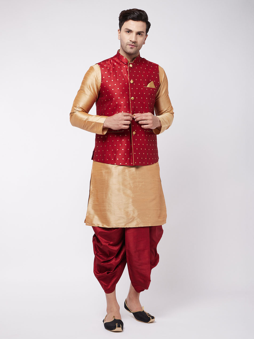 Men's Rose Gold And Maroon Silk Blend Jacket, Kurta And Dhoti Set - Vastramay