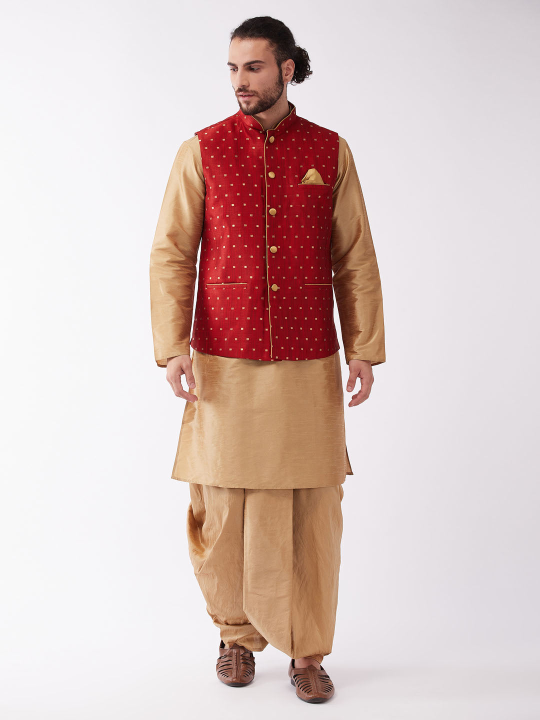 Men's Rose Gold And Maroon Silk Blend Jacket, Kurta And Dhoti Set - Vastramay