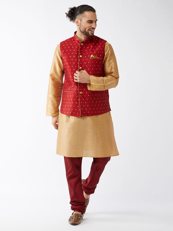 Jashvi Men's Maroon Zari Weaved Jacket With Kurta Pyjama Set