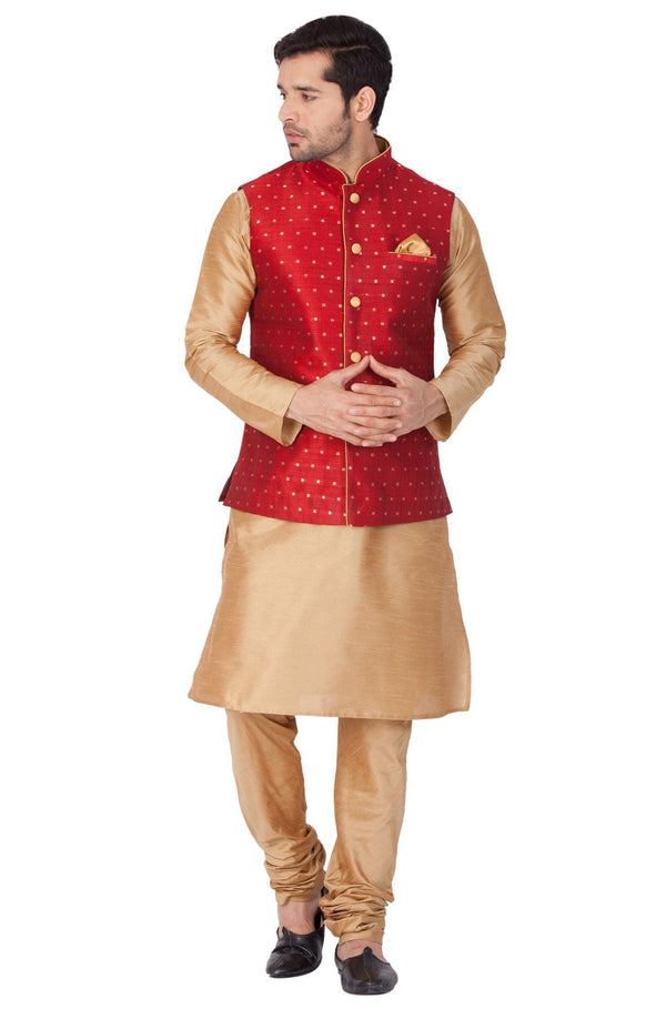 Men's Gold Cotton Silk Blend Kurta, Ethnic Jacket and Pyjama Set - Vastramay