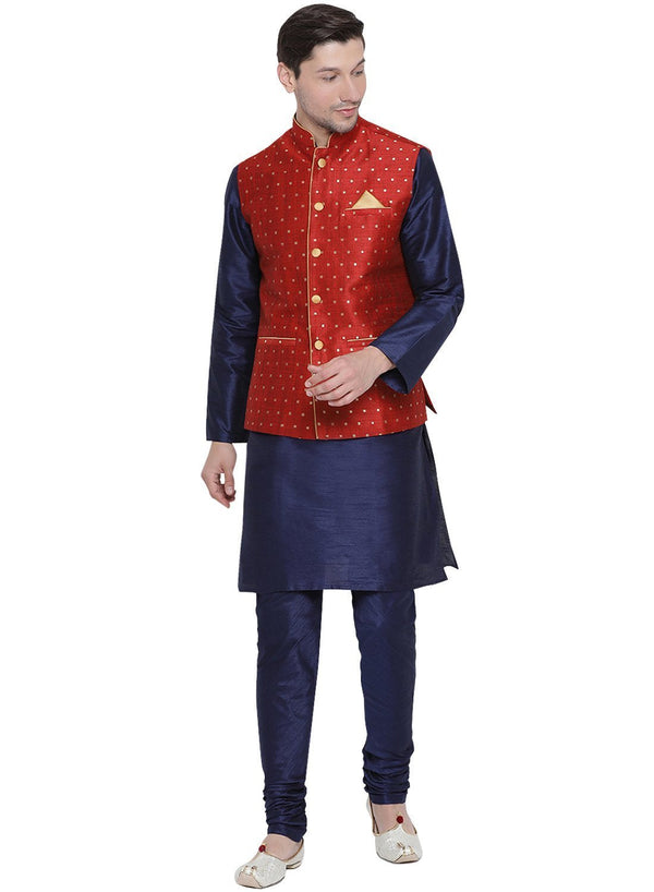 Men's Dark Blue Cotton Silk Blend Kurta, Ethnic Jacket and Pyjama Set - Vastramay