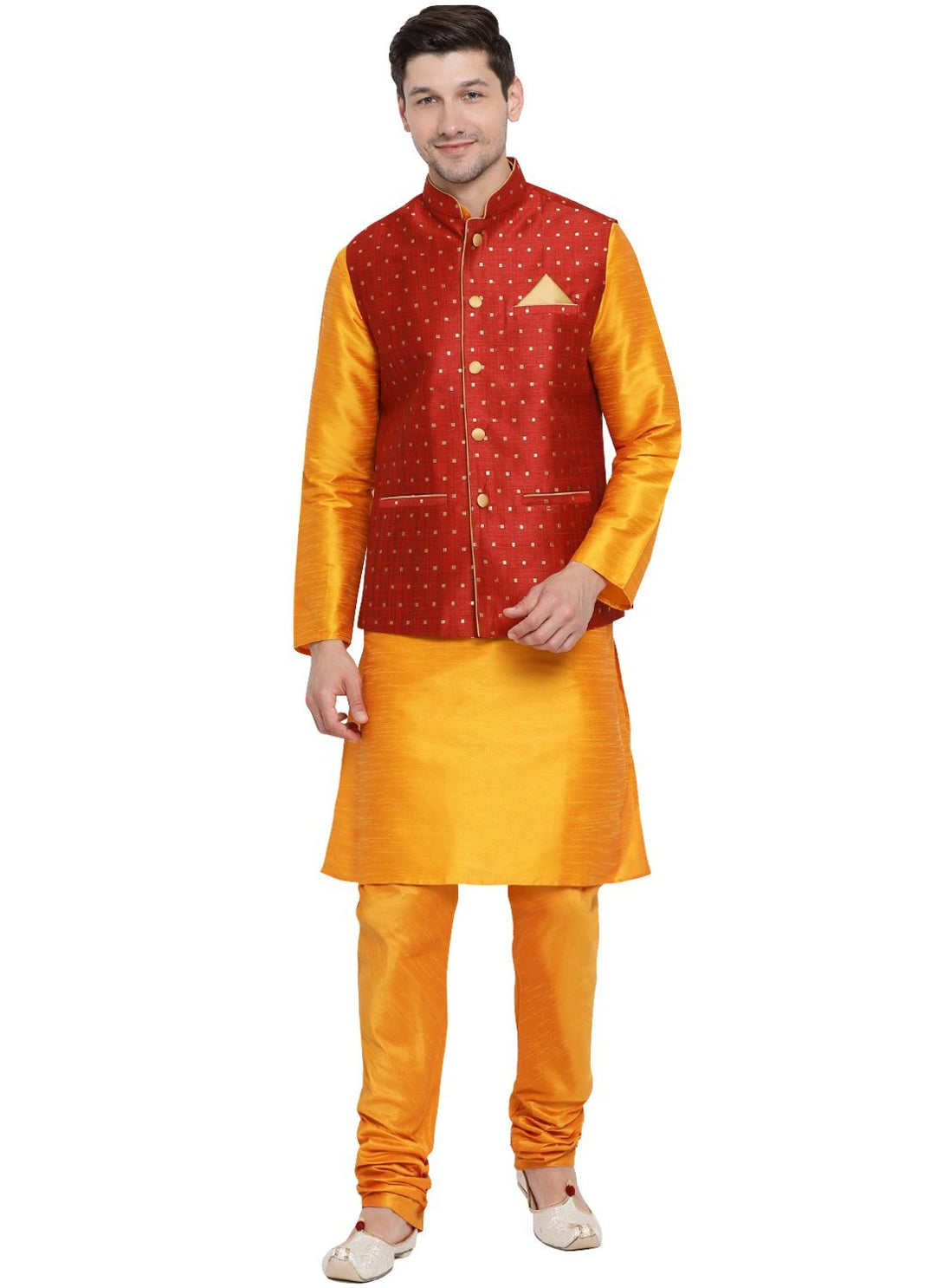 Men's Orange Cotton Silk Blend Kurta, Ethnic Jacket and Pyjama Set